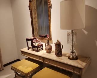 MCM Table Desk & Cushioned Chairs Seats Stools, Large Decorative Mirror, Vintage Lamp w Crystals, More!