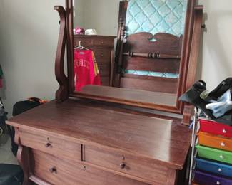 MID 20TH CENTURY, ANTIQUE EMPIRE BOWED FRONT - WOOD - 3 DRAWER DRESSER W/ SWIVEL BEVELLED MIRROR - $250