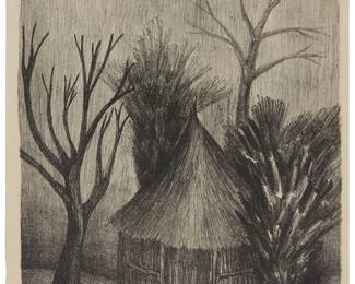 69
Agustín Velázquez Chávez
b. 1910, Mexican
Building In A Forest, 1933
Drypoint on paper
Edition: 7/10
Signed indistinctly, dated, and numbered in pencil in the lower margin
Plate: 17.125" H x 12.75" W; Sheet: 18.625" H x 13.75" W
Estimate: $300 - $500