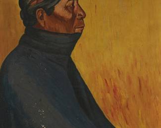 96
Pedro Azabache
1918-2012, Peruvian
"Mochera," 1944
Oil on canvas laid to canvas
Signed dated lower right: Azabache; signed and dated again and titled verso
26.5" H x 23.75" W
Estimate: $400 - $600