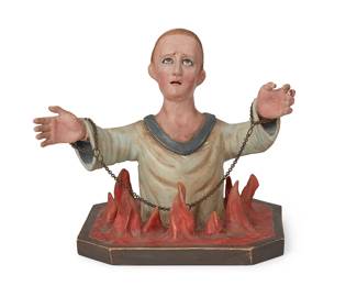 137
20th century
A Latin American Figure Of A Man In Purgatory
Unmarked
The carved wood and polychrome figure depicted in a lake of fire with arms raised to the heavens, bound by a metal chain
9" H x 10.5" W x 8.125" D
Estimate: $400 - $600