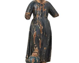 179
19th century
A Latin American Santo Bulto Figure
The carved wood and polychrome robed saint figure depicted right hand outstretched and right foot above a blue ball with stars, mounted on a hexagonal base
19.5" H x 8.75" W x 8" D
Estimate: $1,000 - $1,500