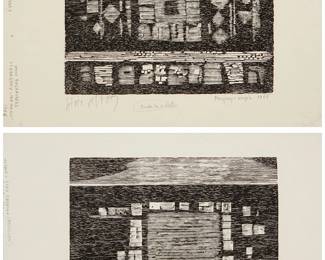 39
Livio Abramo (1903-1992, Paraguayan-Brazilian)
Two works:

"Paraguay - La Ciudades," 1966
Woodcut on paper
Edition: Artist Proof
Signed, titled, and dated in pencil in the lower margin; inscribed with the artist name, title, date, and medium in pencil in English in the left margin

"Paraguay - Magica," 1966
Woodcut on paper
Edition: Artist Proof
Signed, titled, and dated in pencil in the lower margin; inscribed with the artist name, title, date, and medium in pencil in English in the left margin
Each Image: 9.25" H x 11" W; Each Sight: 12.375" W x 17.25" W
Estimate: $300 - $500