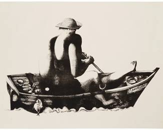 6
Newton Rezende
1912-1994, Brazilian
"Boatman," 1972
Lithograph on paper
Edition: 35/60
Signed, dated, and numbered in pencil in the lower margin: Newton Rezende; titled on a label affixed to the frame's backing board
Sheet: 29" H x 39" W
Estimate: $500 - $700