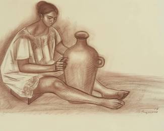 100
Raul Anguiano
1915-2006, Mexican
"Mujer Con Vasija," 1974
Charcoal and crayon on paper, blindstamp Fabriano
Signed and dated in pencil lower right: R. Anguiano
Sheet: 19.5" H x 27.5" W
Estimate: $700 - $900
