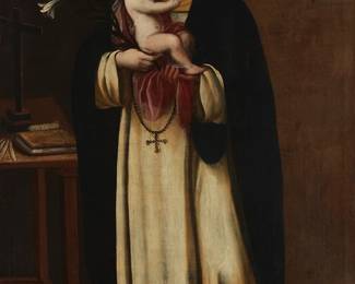 164
18th Century Spanish Colonial School
"Santa Rosa de Lima with the Infant Christ"
Oil on waxed canvas
Appears unsigned
50" H x 34" W
Estimate: $4,000 - $6,000