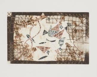 79
Francisco Toledo
1940-2019, Mexican
"Muger Iguana Con Pajaros," 1976
Etching, drypoint, and aquatint in colors on paper
Edition: 50/50
Signed and numbered in pencil in the lower margin: Toledo
Plate: 7.75" H x 12.25" W; Sight: 12" H x 16.25" W
Estimate: $600 - $800