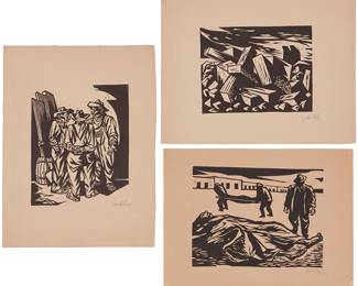 102
20th Century Mexican School
A group of 3 works of men working, 1945
Each: Woodcut on paper
Each: Signed illegibly and dated lower right
Largest Image: 7.75" H x 6.125" W; Largest Sheet: 12.75" H x 9.5" W; Smallest Image: 5" H x 6.5" W; Smallest Sheet: 7" H x 9.25" W
Estimate: $300 - $500