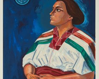 98
Raul Anguiano
1915-2006, Mexican
Woman With Moon Figure
Screenprint in colors on paper
Edition: 14/100
Signed and numbered in pencil in the lower margin: R. Anguiano
Image: 36" H x 27" W; Sight: 39.5" H x 29.5" W
Estimate: $300 - $500