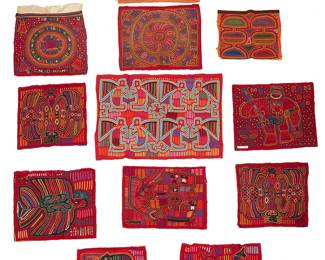 199
Early/mid-20th century
A Group Of Panamanian Mola Textiles
One with fabric tag stitched to corner: Authentic San Blas Indian Mola / Handmade in Panama; one with lettering: Robles Conlacampana / Partido Liberal Nacional / Democracia / Justicia / Libertad; some with other lettering
The vibrantly embroidered fabric panels with appliqué elements, each depicting various avian, serpentine, figural, or geometric motifs, 14 pieces
Largest: 21" H x 29.5" W
Estimate: $300 - $500