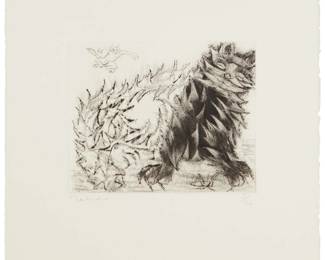 73
Francisco Toledo
1940-2019, Mexican
"Gato De Sara XIII," 2009
Etching with drypoint and roulette on paper
Edition: 5/20
Signed and numbered in pencil in the lower margin: Toledo; with unknown blindstamp lower right margin corner
Plate: 7.75" H x 9.75" W; Sheet: 15.5" H x 16.25" W
Estimate: $600 - $800