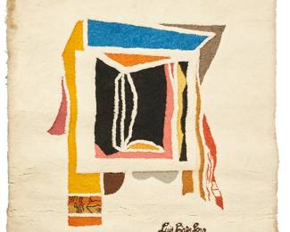 131
Luis Lopez Loza
b. 1939, Mexican
Untitled
Woven wool tapestry
Edition: 4/12
Signed in the weaving: Luis Lopez Loza; embroidered edition at bottom verso; further attributed and numbered to fabric tag verso
72" H x 64.5" W
Estimate: $500 - $700
