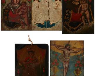 172
A Group Of Early 19th Century Retablos
Five works:

"Our Lady of Refuge and Sinners"
Oil on tin
Unsigned; titled on a label affixed to the backing of the frame
Sight: 10" H x 7" W

"The Trinity - Father - Son - Holy Ghost"
Oil on tin
Unsigned; titled on a label affixed to the backing of the frame
10" H x 6.875" W

Madonna and Christ Child
Oil on tin
Unsigned
Sight: 13.75" H x 9.75" W

"El Christo sobre Crucifijo"
Oil on tin
Unsigned; titled on a label affixed to the backing of the frame
10.5" H x 8.25" W

Child saint
Oil on tin
Unsigned
14" H x 10" W
Estimate: $300 - $500