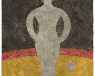 85
Rufino Tamayo
1899-1991, Mexican
"La Cirquera" From The Series "Rufino Tamayo 8 Aquafuertes," 1984
Etching in colors on Guarro paper
Edition: 62/99 (there was also an edition of 15 artist's proofs)
Signed and numbered in black crayon at the lower right and left corners, respectively: R. Tamayo; Ediciones Poligrafa, Barcelona, Spain, prntr./pub.
Image/Sheet: 30" H x 22" W
Estimate: $2,000 - $3,000