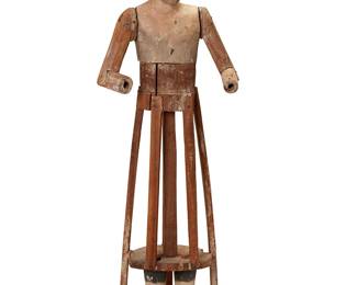 176
18th century
A Spanish Colonial Santos Cage Doll
Halo marked: 925
The life-sized polychromed carved wood and plaster male mannequin with articulated wood arms and plaster feet, adorned with a sterling silver repoussé halo
60.5" H x 21.5" W x 16" D
Halo: 1.1 gross oz. troy approximately
Estimate: $3,000 - $5,000