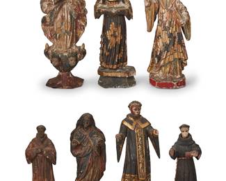 192
19th/20th century
A Group Of Latin American Santos Bultos Figures
The carved wood and polychrome comprising Madonna of the Immaculate Conception, Saint Anthony of Padua, Our Lady of Guadalupe, and four others, some with gilt accents to robes, 7 pieces
Tallest: 11" H x 8" H
Estimate: $700 - $900