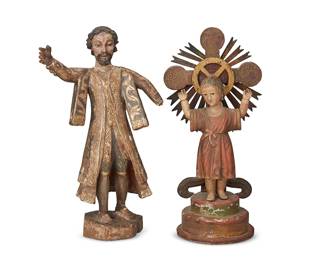 180
Late 19th century
Two Latin American Santos Figures
The polychrome and gilt carved wood figures comprising a Mexican robed male with arms outstretched and a Brazilian figural youth in front of a cross and mounted on a tiered base, 2 pieces
Larger: 15.75" H x 9.5" W x 4" D; Smaller: 15.5" H x 7.25" W x 5.625" D
Estimate: $300 - $500