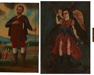 171
A Group Of Late 19th Century Mexican Retablos
Three Works:

"El Nino de Atocha"
Oil on tin
Unsigned; titled on a label affixed verso
4.625" H x 3.5" W

"San Miguel"
Oil on tin
Unsigned; titled on a label affixed to the backing of the frame
13.625" H x 10" W

"San Ysidro Labrador"
Oil on tin
Unsigned; titled on a label affixed to the backing of the frame
10" H x 7" W
Estimate: $300 - $500