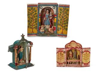 174
19th/20th century
Three Mexican Folk Art Nichos
Comprising a polychromed wood nicho depicting a female religious plaster figure holding a book and model church, with applied and placed faux flowers, paper ribbon, and plaster miniature Mother Mary figurine; a polychrome wood nicho depicting Mary, Joseph and baby Jesus in the manger; a polychrome tin nicho featuring two religious with an offering box to one side, 3 pieces
Largest: 12" H x 7.25" W x 5.375" D; Smallest: 10" H x 6" W x 4.125" D
Estimate: $400 - $600