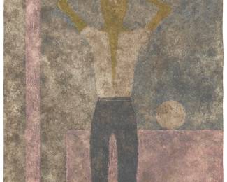 86
Rufino Tamayo
1899-1991, Mexican
"Hombre Con Brazos Sobre La Cabeza" From The Series "Rufino Tamayo 8 Aquafuertes," 1984
Etching in colors on Guarro paper
Edition: 89/99 (there was also an edition of 15 artist's proofs)
Signed and numbered in black crayon at the lower right and left corners, respectively: R. Tamayo; Ediciones Poligrafa, Barcelona, Spain, prntr./pub.
30" H x 22" W
Estimate: $2,000 - $3,000