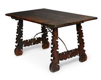 154
19th century
A Spanish Baroque Fratino Wood Table
The table with carved wood hinged legs possibly previously capable of folded storage action, joined by two wrought iron curvilinear stretchers
29.5" H x 53.75" W x 33.5" D
Estimate: $1,500 - $2,000