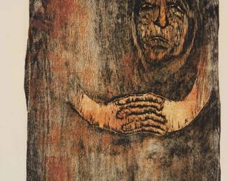 23
Olga Blinder
1933-2008, Paraguayan
"Figura," 1968
Woodcut in colors on paper
Edition: 1/5 Artist's Proof
Signed, titled, dated, numbered, and inscribed in pencil at the lower edge: O.Blinder
31" H x 20" W
Estimate: $300 - $500