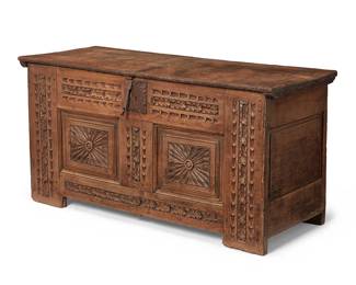 166
19th century or earlier
A Spanish Colonial Carved Wood Blanket Chest
The wood chest comprising heavy thick-plank construction with hinged top opening to reveal a small inner compartment with hinged top, featuring a carved front panel, wrought iron hardware, and front locking mechanism
29" H x 58" W x 23" D
Estimate: $800 - $1,200