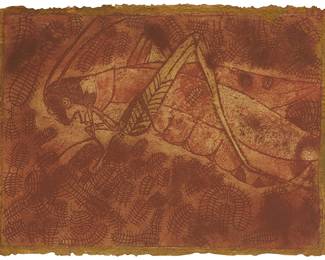 71
Francisco Toledo
1940-2019, Mexican
Grasshopper
Mixed media on paper
Edition: 36/50
Signed and numbered in the lower image: Toledo
Image/Sheet: 33.75" H x 43" W
Estimate: $400 - $600
