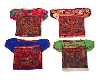 200
Mid-20th century
Four Panamanian Mola Shirts
One reading: Pedro Infante / Originales
The cotton and polyester shirts constructed from vibrantly embroidered fabric panels featuring appliqué designs depicting various anthropomorphic creatures or figures, three with draw string collar and one with quarter zipper to front, 4 pieces
Each: 20" H x 27.5" W approximately
Estimate: $200 - $300