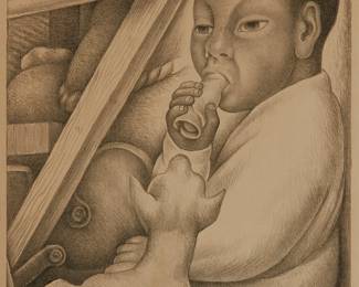 92
Diego Rivera
1886-1957, Mexican
"El Niño Del Taco [Boy With Taco]," 1932
Lithograph on paper
Signed in pencil in the lower margin, at left: Geo. C. Miller (Litho); signed initialed and dated (reverse) in the stone, lower right image: D.R
Image: 16.25" H x 11.875" W; Sight: 17.5" H x 13" W
Estimate: $6,000 - $8,000
