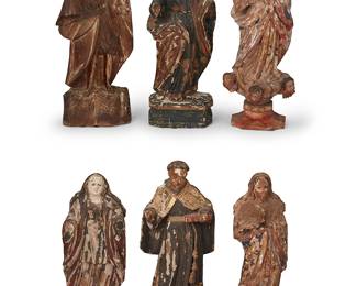 193
19th/20th century
A Group Of Latin American Santos Bultos Figures
The carved wood and polychrome figures comprising Our Lady of Guadalupe, Madonna of the Immaculate Conception, Saint Anthony of Padua, and three others, some with gilt accents to robes, 6 pieces
Tallest:12.25" H; Shortest: 10.5" H
Estimate: $700 - $900