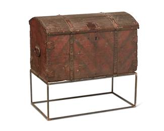 168
Late 18th century
A Spanish Colonial Wood Trunk
The wood trunk with barrel top, wrought iron banding, and opposed lug handles, set on a later added steel stand, 2 pieces
Trunk: 21.75" H x 36" W x 19.5" D; Stand: 13" H x 34.5" W x 18.5" D
Estimate: $500 - $700