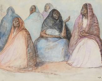 106
Francisco Zuniga
1912-1998, Mexican
Townswomen, 1965
Mixed media on paper
Signed and dated lower right: Zuniga; inscribed indistinctly in ink, verso
19.75" H x 25.625" W
Estimate: $3,000 - $5,000