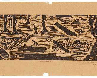 33
Jacinto Riveros
b. 1932, Paraguayan
"El Obraje," 1958
Woodcut on paper
Signed, titled, dated, and numbered in pencil in the lower margin: Jacinto H. Riveros; titled and dated again on a label affixed to the frame's backing board
Image: 6" H x 16.5" W; Sheet: 9.625" H x 19.5" W
Estimate: $300 - $500