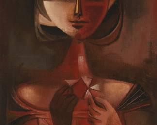 55
Anibal Gil
b. 1932, Colombian
"Mujer Con Flora Blanca," 1961
Oil on canvas laid to canvas
Signed and dated lower left: Gil; titled by repute
38" H x 18" W
Estimate: $600 - $800