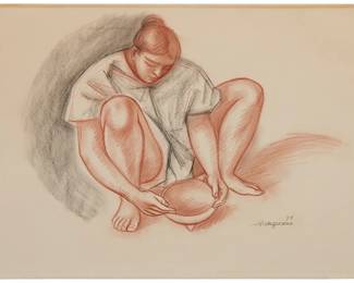 112
Raul Anguiano
1915-2006, Mexican
"Alfarera De Oaxaca," 1970
Sanguine and charcoal on paper
Signed and dated in pencil lower right: R. Anguiano; titled in pencil, verso
Sheet: 20" H x 26" W
Estimate: $1,000 - $2,000