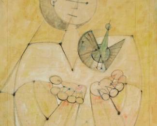105
Carlos Marin
20th century
Woman With Bird, 1960
Oil on canvas
Signed and dated at the lower edge, left of center: Carlos Marin
40" H x 29.5" W
Estimate: $500 - $700
