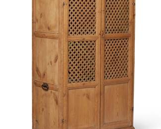 161
19th/20th century
A Latin American Wood Cupboard
The wood cabinet with iron hardware and opposed handles to sides, two lattice-front hinged doors revealing three shelves of cut found wood, and four bun-style feet
72.25" H x 41" W x 24" D
Estimate: $1,000 - $2,000