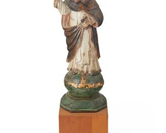 181
Late 19th century
A Latin American Santo Bulto Figure
Possibly Saint Thomas Aquinas, the gilt and polychrome carved wood saint figure depicted in robes holding a bible and right hand ostensibly raised in blessing, set on a wooden cube plinth
Figure: 19.375" H x 7.5" W x 5.75" D; Plinth: 7" H x 7" W x 7" D
Estimate: $500 - $700