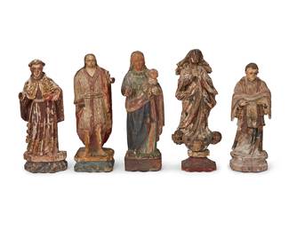 190
19th/20th century century
A Group Of Latin American Santos Bultos Figures
The carved wood and polychrome figures comprising Madonna of the Immaculate Conception, Saint Anthony of Padua, and three other saints, two with gilt accents to robes, 5 pieces
Tallest: 9.5" H; Smallest: 8.375" H
Estimate: $500 - $700