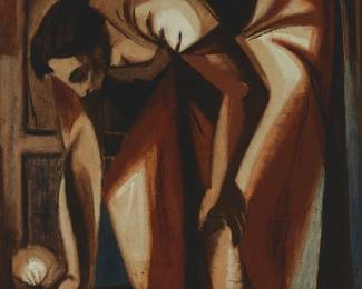 56
Attributed To Anibal Gil
b. 1932, Colombian
"Woman Searching For The Lost Drachma," 1956
Oil on canvas laid to canvas
Unsigned; titled and dated by repute
37" H x 27.5" W
Estimate: $500 - $700
