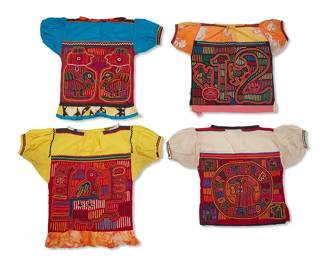 201
Mid-20th century
Four Panamanian Mola Shirts
The cotton and polyester shirts constructed from vibrantly embroidered fabric panels featuring appliqué designs depicting various anthropomorphic creatures or figures, one with large numbers, one with lettering, three with draw string collar, and one with quarter zipper to front, 4 pieces
Each: 23" H x 27" W approximately
Estimate: $200 - $300