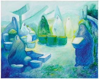 124
Jorge Ochoa
b. 1950, Mexican
"Tianguis Azul," 1998
Acrylic on linen
Signed and dated lower left: J. Ochoa; titled, signed and dated again, verso
24" H x 30" W
Estimate: $400 - $600