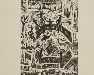35
Jacinto Riveros
1932-1997, Paraguayan
"Cockfight," 1958
Woodcut on paper
Signed, titled, and dated in pencil in the lower margin: Jacinto Riveros
Image: 13.5" H x 8" W; Sheet: 17.625" H x 13.25" W
Estimate: $200 - $400
