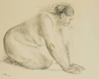 107
Francisco Zuniga
1912-1998, Mexican
Seated Nude, 1964
Pencil and pastel on paper
Signed and dated in pencil lower left: Zuniga
Sheet: 18" H x 24" W
Estimate: $1,500 - $2,000