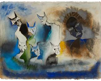 77
Miguel Angel Toledo Lopez
20th Century, Mexican
"La Comunion De Lost Gatos," 1999
Mixed media on paper
Signed and dated lower right: Miguel Angel; titled on label affixed verso
22.5" H x 30" W
Estimate: $400 - $600