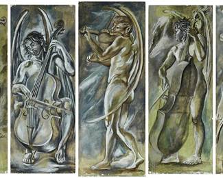 141
Frederico Cantu
1907-1989, Mexican
"Quinteto Angeles Músicos," 1942
Each Tempura on panel
Each unsigned
Each panel: 71.5" H x 28" W
Estimate: $4,000 - $6,000