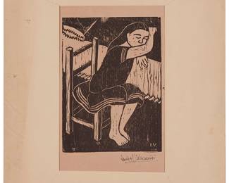 101
Isabel Villasenor
1909–1953, Mexican
Young Girl In A Chair
Woodcut on laid paper
Signed in ink in the lower margin, at right: Isabel Villasenor; initialed in the block lower right
Image: 8.25" H x 6.5" W; Sheet: 12.5" H x 8.625" W
Estimate: $300 - $500
