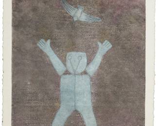84
Rufino Tamayo
1899-1991, Mexican
"Pajaro Liberado," 1986
Mixografia in colors on handmade paper
Edition: 17/100 (there were also 25 artist's proofs)
Signed and numbered in pencil at the lower image edge: R. Tamayo; Taller de Grafica Mexicana, Mexico City, prntr./pub.
Image: 37.5" H x 28" W; sheet: 41.5" H x 32" W
Estimate: $3,000 - $5,000