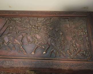 Bullock's  Carved Wood Chinese Blanket Chest "General Chang Fee Retreating General Ma Chao"